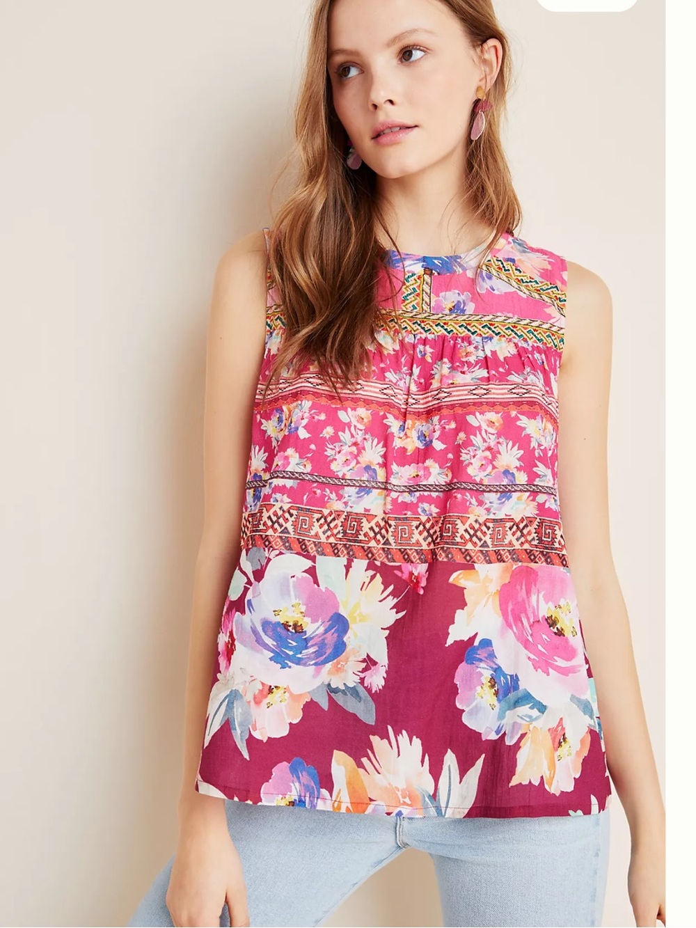 Vineet Bahl Floral Sleeveless Blouse Boho Pink Anthropologie‎